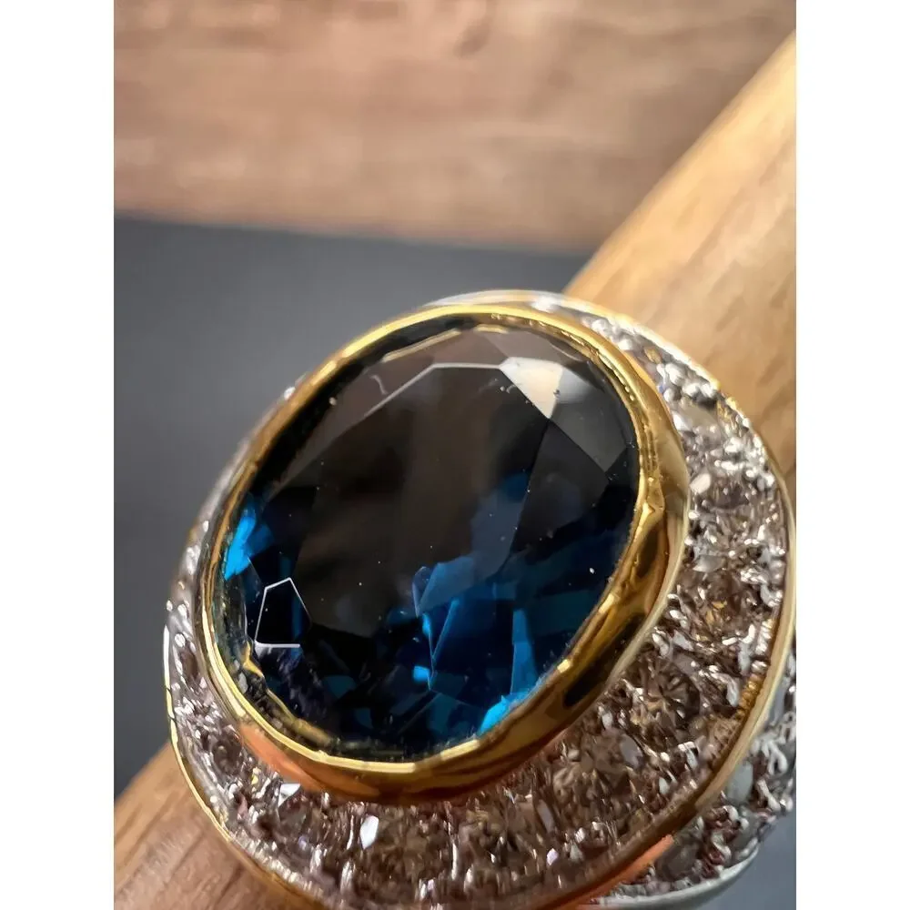 Lab blue spinel and CZ 18k rolled gold ring size 7